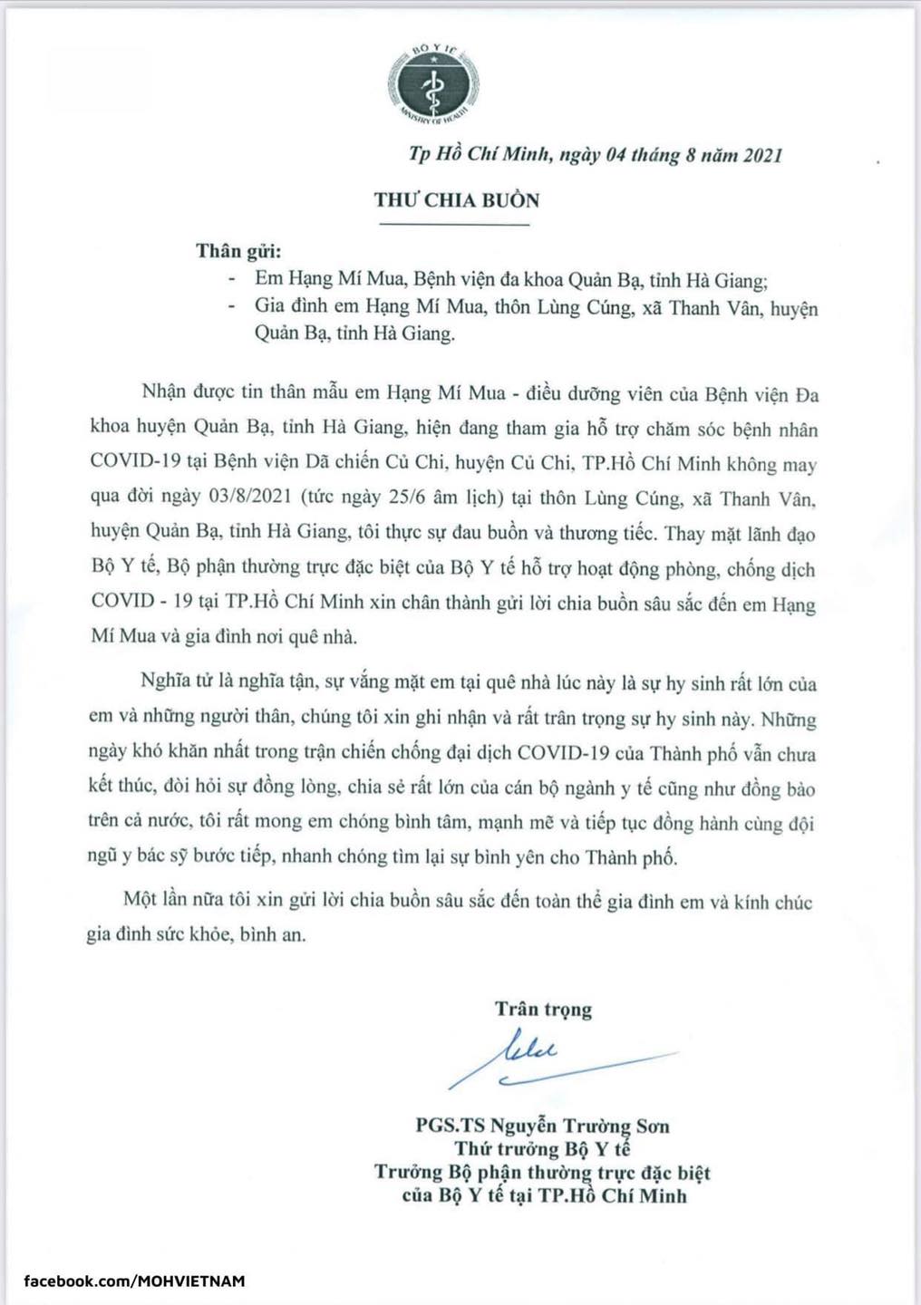 Thứ trưởng Bộ Y tế Nguyễn Trường Sơn gửi thư chia buồn với Y sỹ Hà Giang đang thực hiện nhiệm vụ tại BV dã chiến Củ Chi có mẹ mất tại quê nhà