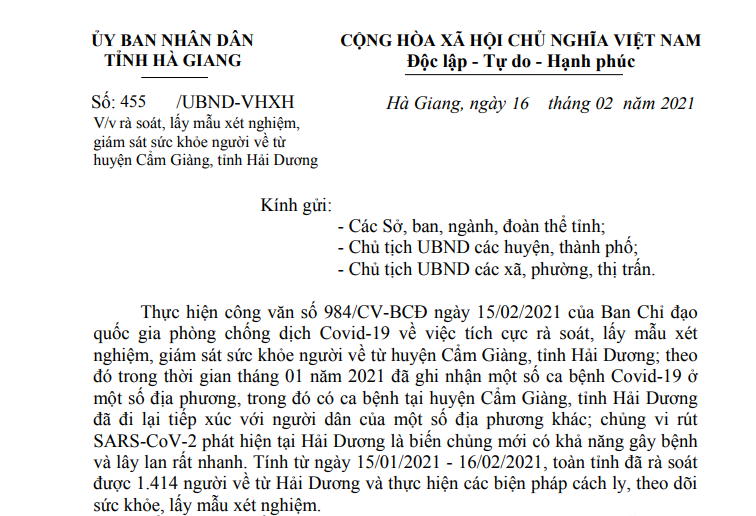 UBND tỉnh chỉ đạo V/v rà soát, lấy mẫu xét nghiệm giám sát sức khỏe người về từ  huyện Cẩm Giàng, tỉnh Hải Dương