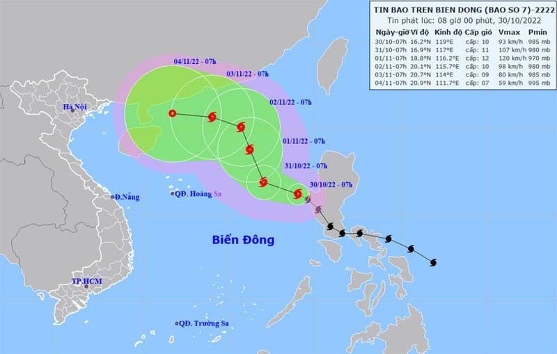 Vị trí và hướng di chuyển của bão số 7. (Nguồn: nchmf.gov.vn)