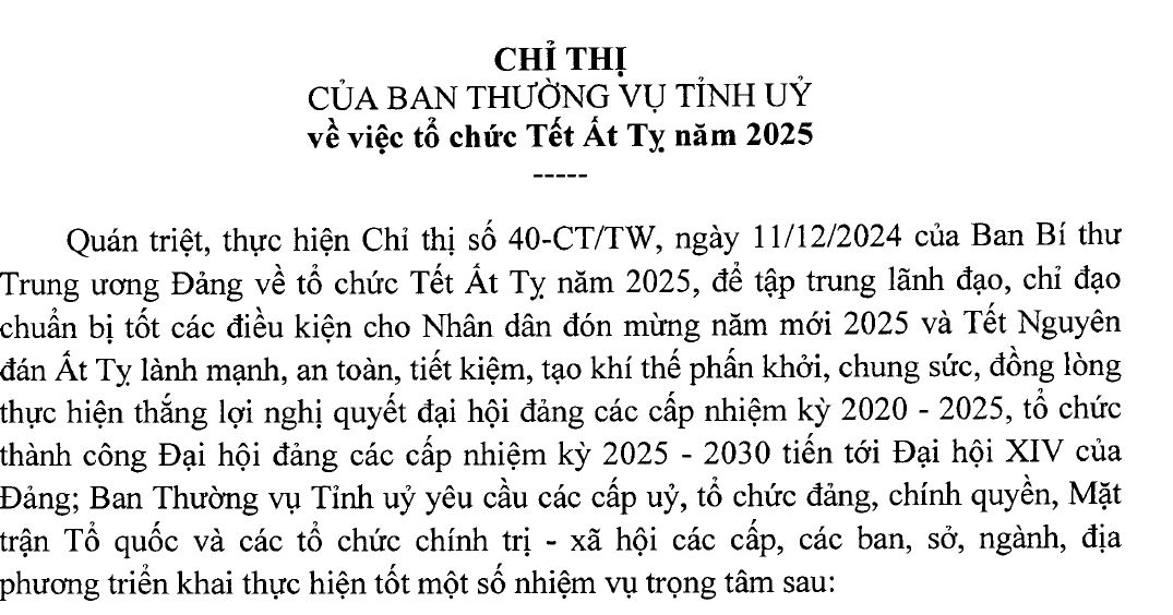 Chỉ thị của Ban Thường vụ Tỉnh ủy về việc tổ chức Tết Ất Tỵ năm 2025