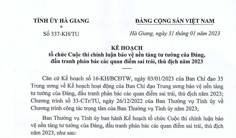 Kế hoạch tổ chức Cuộc thi chính luận bảo vệ nền tảng tư tưởng của Đảng năm 2023