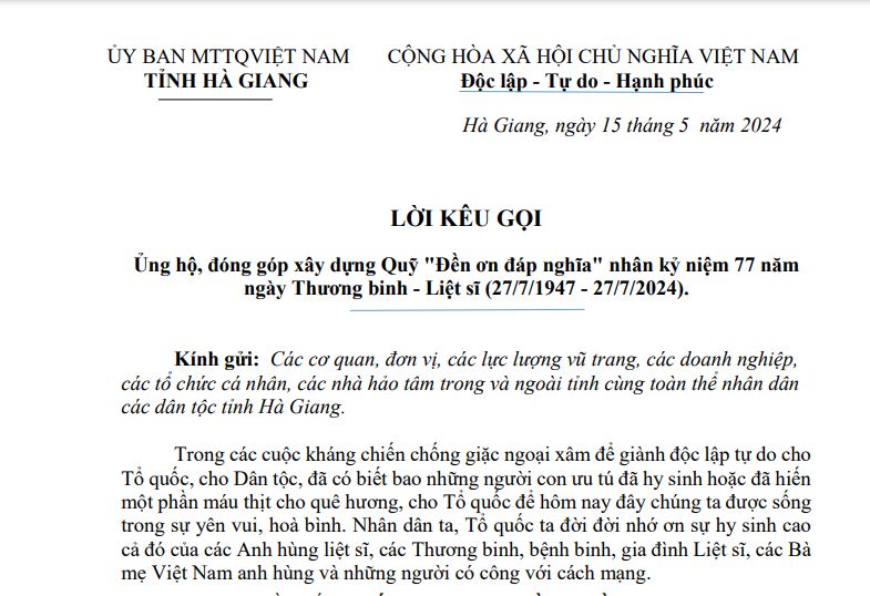 LỜI KÊU GỌI: Ủng hộ, đóng góp xây dựng Quỹ "Đền ơn đáp nghĩa" nhân kỷ niệm 77 năm
ngày Thương binh - Liệt sĩ (27/7/1947 - 27/7/2024)