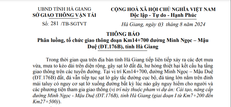 Sở Giao thông - Vận tải: Thông báo Phân luồng, tổ chức giao thông đoạn Km14+700 đường Minh Ngọc – Mậu Duệ (ĐT.176B), tỉnh Hà Giang