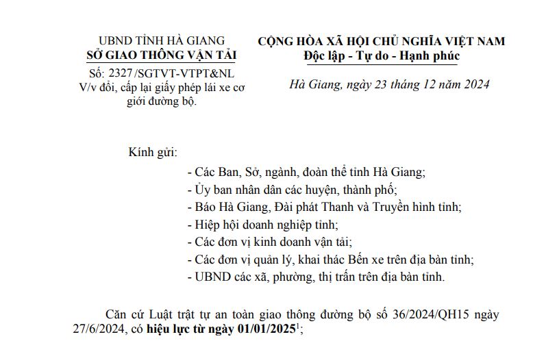 Thông báo: V/v đổi, cấp lại giấy phép lái xe cơ giới đường bộ