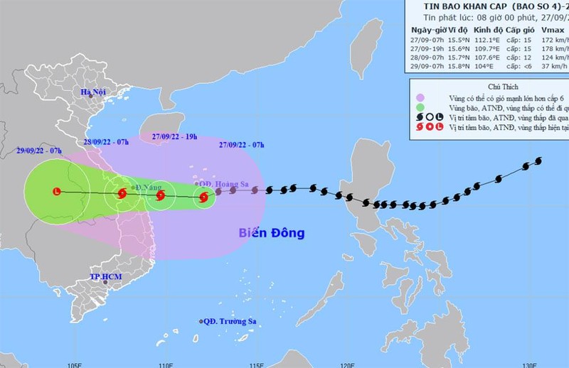 Sáng sớm 28/9, bão số 4 vào vùng ven biển Quảng Trị-Bình Định