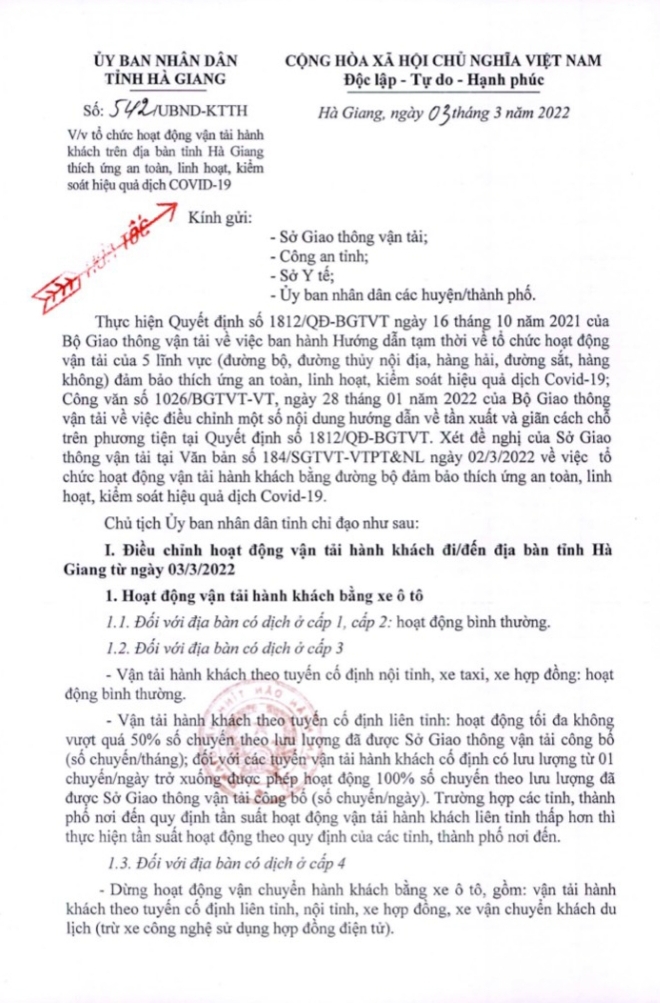 Tổ chức hoạt động vận tải hành khách trên địa bàn tỉnh Hà Giang thích ứng an toàn, linh hoạt, kiểm soát hiệu quả dịch COVID-19