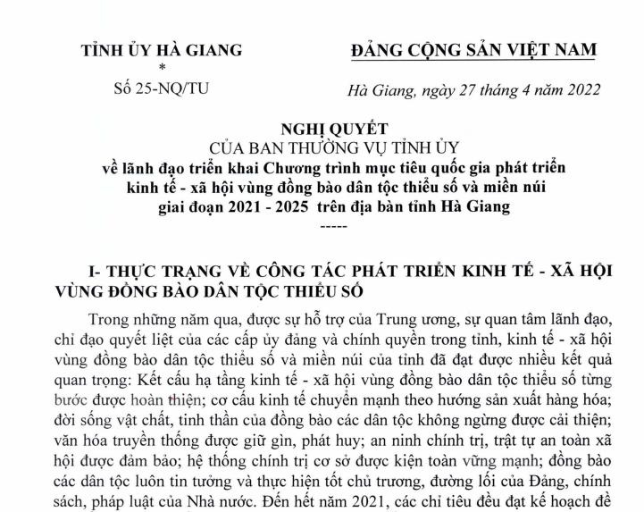 NGHỊ QUYẾT số 25-NQ/TU của BTV Tỉnh ủy về lãnh đạo triển khai chương trình mục tiêu phát triển KT- XH vùng đồng bào dân tộc thiểu số và miền núi giai đoạn 2021-2025 trên địa bàn tỉnh Hà Giang