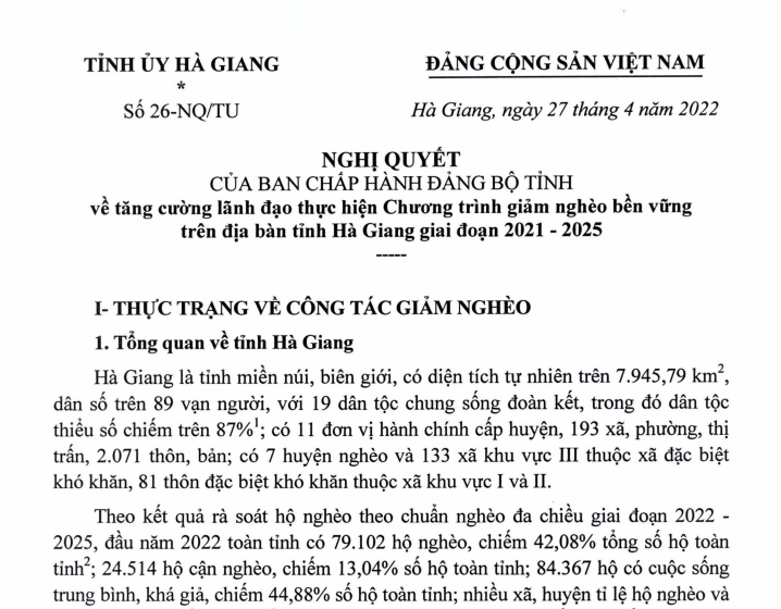 NGHỊ QUYẾT số 26-NQ/TU của Ban Chấp hành Đảng bộ tỉnh về tăng cường lãnh đạo thực hiện chương trình giảm nghèo bền vững trên địa bàn tỉnh Hà Giang giai đoạn 2021-2025